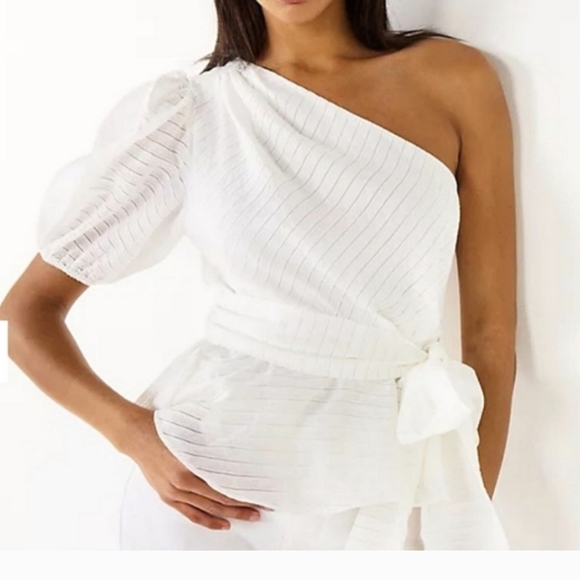 Nine West Tops - Nine West. One Shoulder Tie Waist Peplum Top. Size XL. White. NWT.